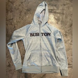 Burton gray full zip hoodie with spell out, sz M (runs small).